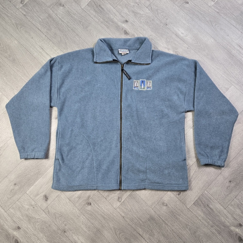 Vintage 1990 Large Blue Bosfun Sportswear Zip Fleece USA Made Jacket Lighthouse